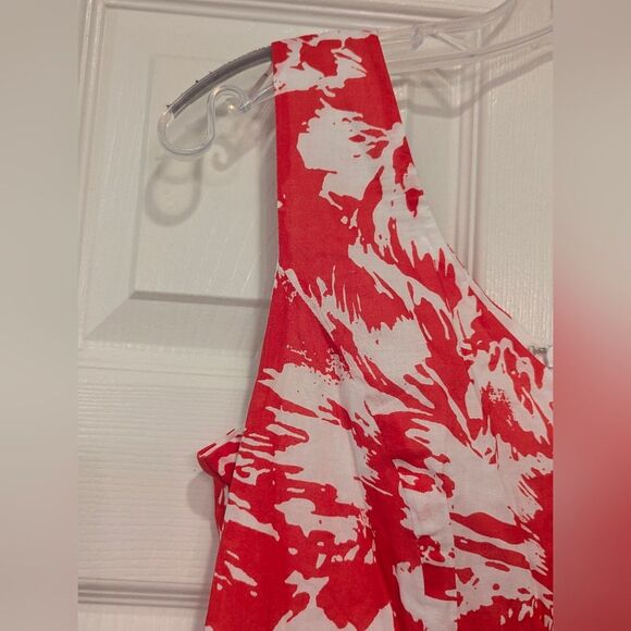 Metrostyle Red White Floral Midi Dress 8P Fit Flare Ruffle Hem Sleeveless Summer - Picture 8 of 8